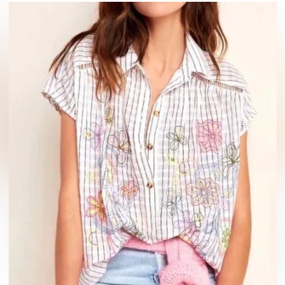 ANTHROPOLOGIE Pilcro Serena Surf Henley Linen Blend Blouse Size XS - Picture 3 of 10